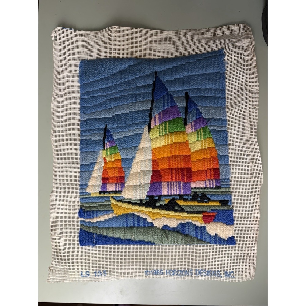 Vintage‎ Needlepoint Sailboats Panel Unfinished Wool Canvas Rainbow Boats